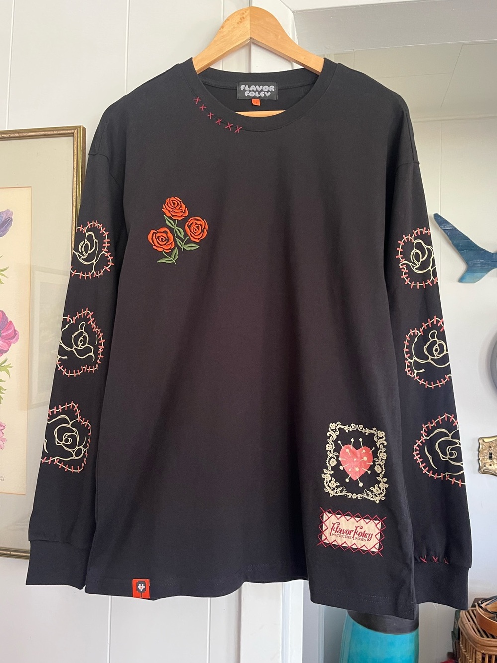 Flavor Foley Water The Roses Long Sleeve Embroidered Tee Black Rare Warren James